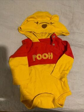 Winnie the Pooh Hooded Baby Bodysuit - Yellow & Red